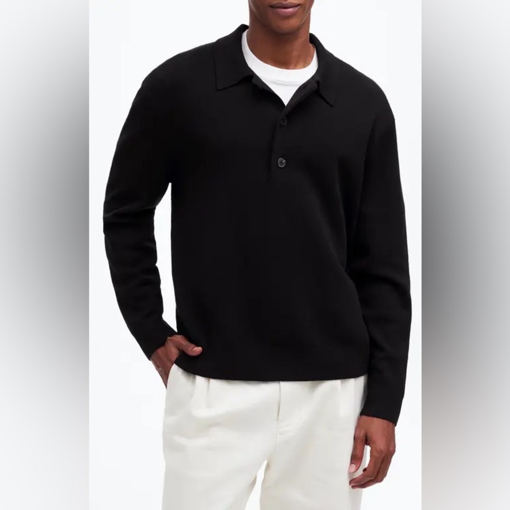 Madewell Milano Knit Polo Sweater Black Merino Wool Medium